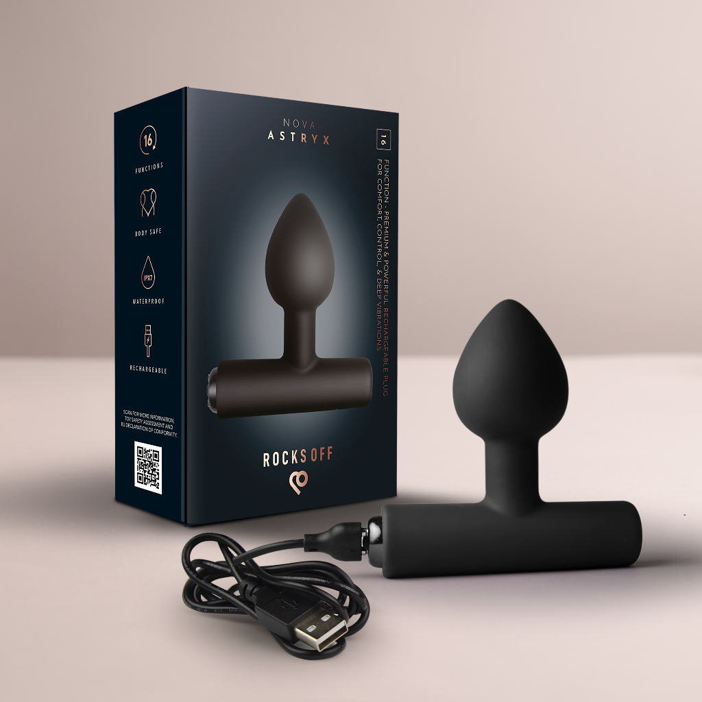 Black silicone plug with product box and USB charging cable, rounded tip and base